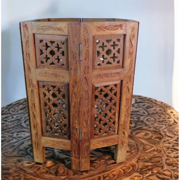 Vintage Hand Carved Hardwood Octagonal Side Table Bottom India Decor - Picture 1 of 12